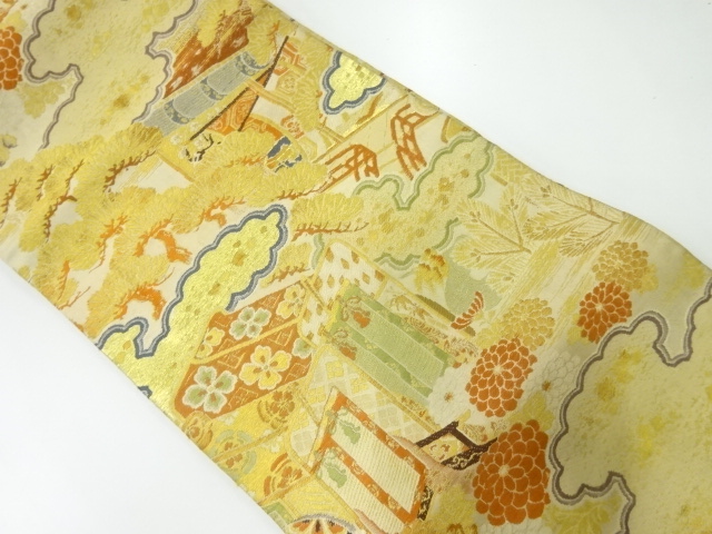 JAPANESE KIMONO / ANTIQUE NAGOYA OBI / WOVEN MANSION & CARRIAGE